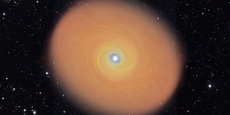 Image caption: An artist’s impression of the disk around the forming high-mass star AFGL 4176. The disk is 50 times larger than the size of Pluto's orbit, but it rotates around its star in a similar way to disks around forming low-mass stars.