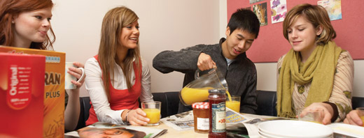 Students in halls of residence having breakfast