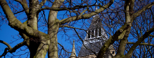 Great hall seen through trees