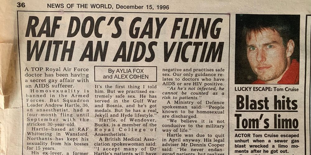 A newspaper clipping showing an article headlined "RAF doc's gay fling with an AIDS victim