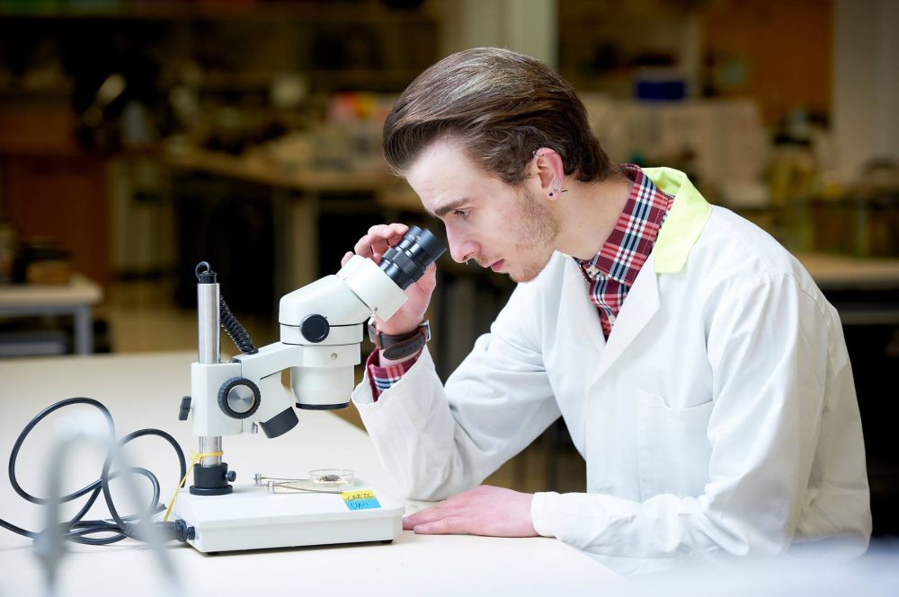 Student Gerard Murphy looking down a microscope