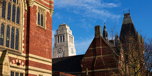 The Great Hall and Parkinson Building on campus on a sunny day