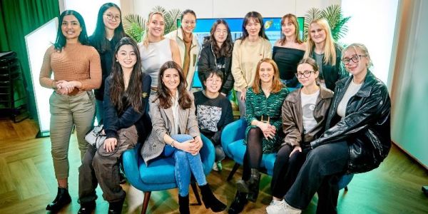 Look North presenter Amy Garcia and Home and Social Affairs Correspondent Emma Glasbey are seated with aspiring students from the University of Leeds.