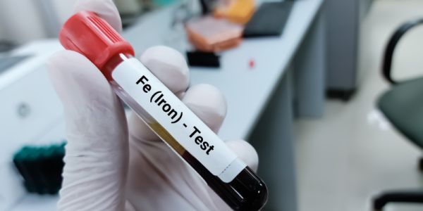 A gloved hand holds a test tube containing a sample of blood. there is a label on the test tube which says Fe (Iron) test
