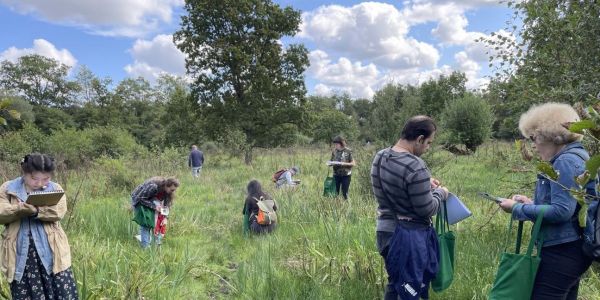Members of Mafwa Theatre sketching their surroundings at Askham Bog with Katie Surridge. The landscape is lush and green, with long grass, trees and other plants filling the background.