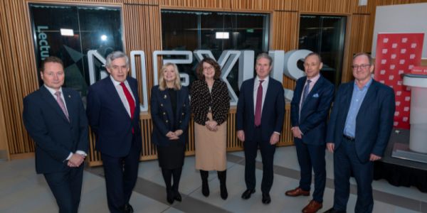 Vice-Chancellor, Professor Simone Buitendijk with politicians Sir Kier Starmer and Gordon Brown, along with other representatives from the University.