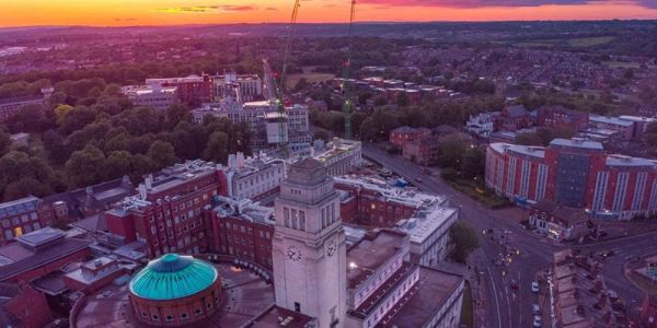 An aerial view of the Parkinson Building at sunset.