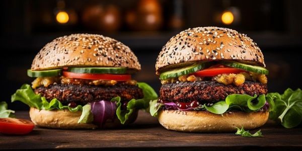 Two plant based burgers in bread buns with salad