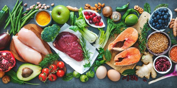 A selection of healthy food, including chicken, fish and vegetables