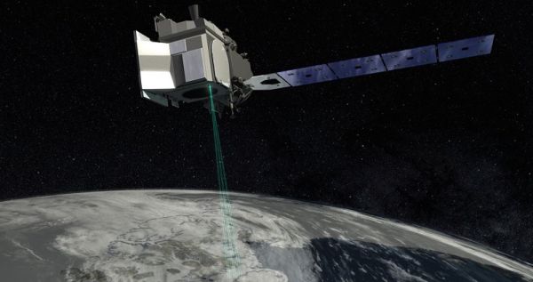 Digital rendering of the NASA's ICESat-2 satellite in space projecting beams of green light down to the earth below