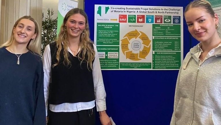 Three University of Leeds students standing in front of a chart that looks at solutions to the challenges of malaria in Nigeria