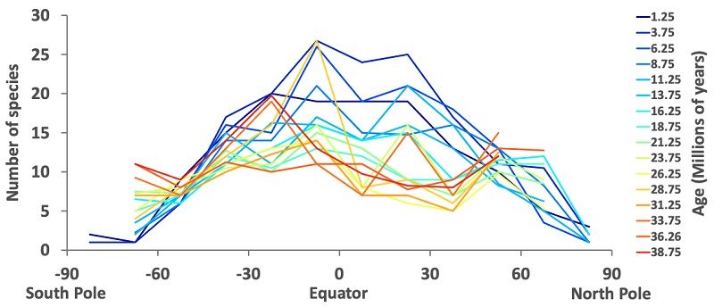 Graph to show how the number of different planktonic foraminifera species varies with latitude at different points in the Earth’s history. Image credit: Fenton et al. Nature 2023.