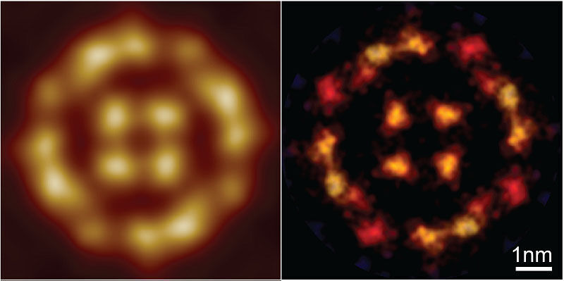 A grainy, blurry image of orange dots in a circle, taken from a video and a version that has been processed to produce a high-resolution image.