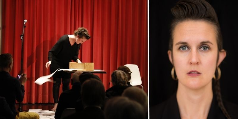 Kimberly Campanello performs poetry to an audience with a red backdrop (left) and looks at the camera for a portrait shot (right).