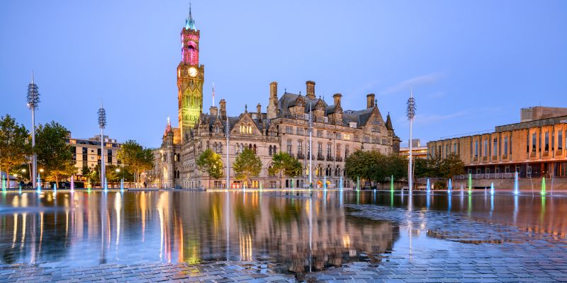 Paving stones and fountains in front of Bradford Town Hall.