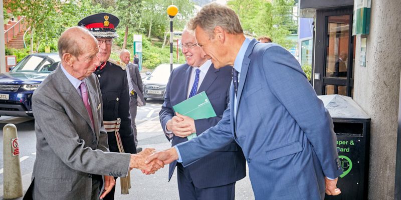 Duke of Kent shakes hands with Paul Stewart and Alan Langlands