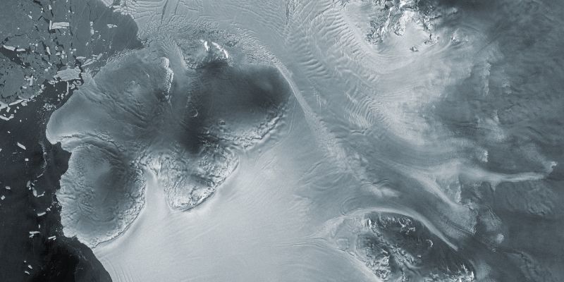 Black and white satellite image of Antarctic ice shelf