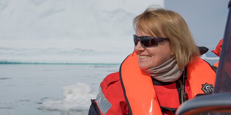 Jane Francis on a boat in Antarctica