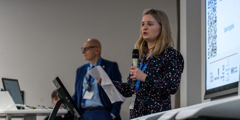 Leeds Hospitals Charity CEO Esther Wakeman speaking at the launch of CHORAL