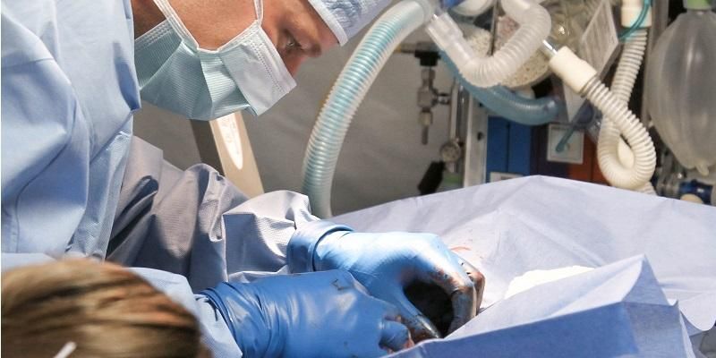 The picture shows a doctors inserting something into a patient's blood vessels. The patient is draped in blue sheeting.