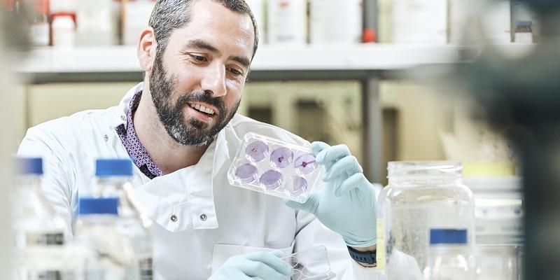 A researcher looking at samples in a lab.