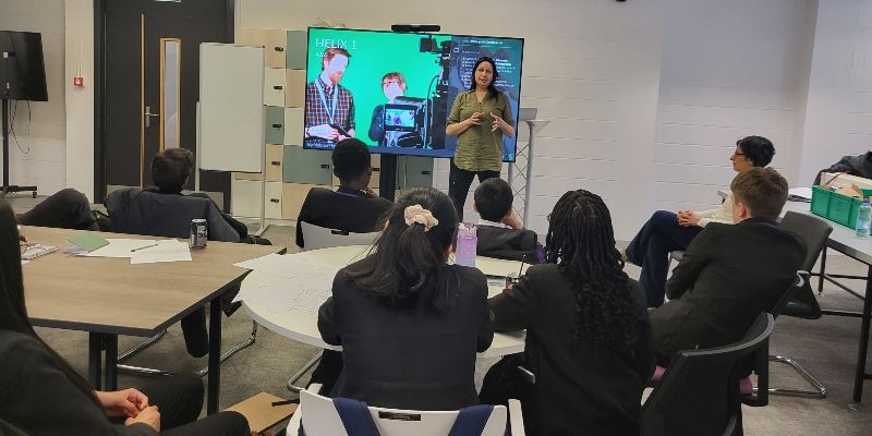 Anti-knife crime campaigner Sarah Lloyd talks to children from Leeds City Academy about the death of her son Kieran.