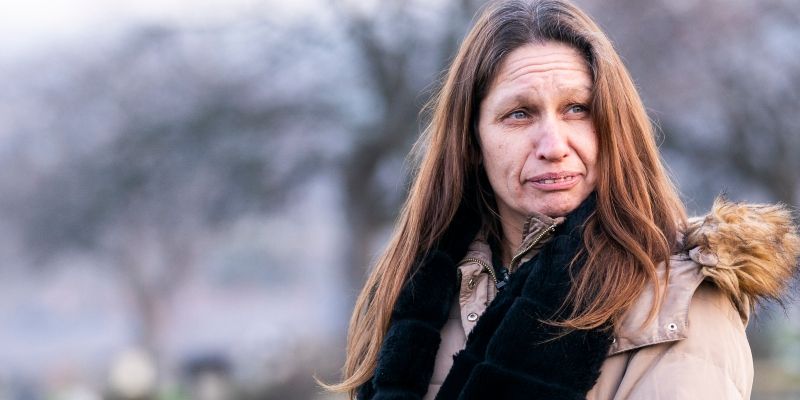 Anti-knife crime campaigner Sarah Lloyd stares into distance.