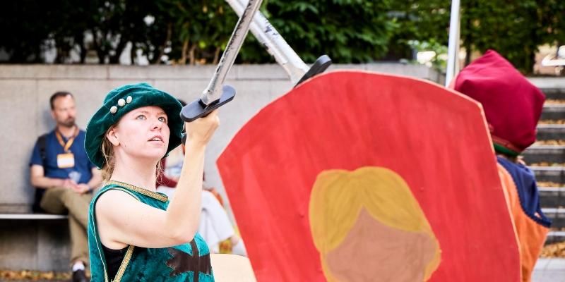 An actress from the Lords of Misrule who performed Amis and Amiloun on the Leeds campus.