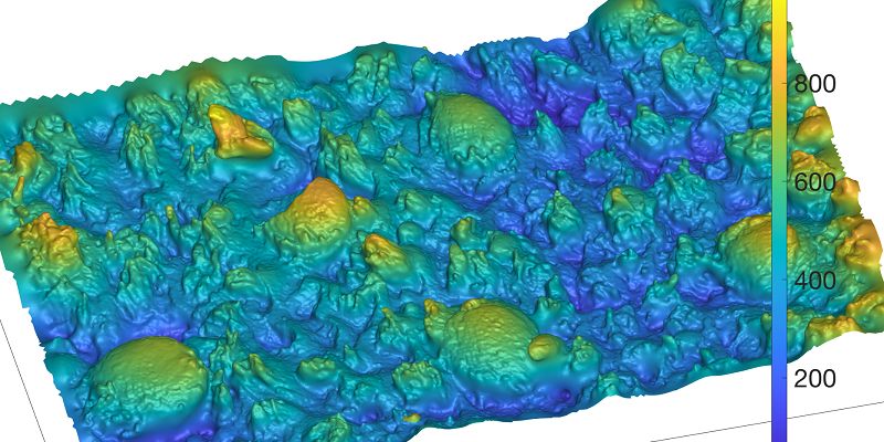 3D optical image showing a bumpy surface with colours indicating fluctuations in the surface