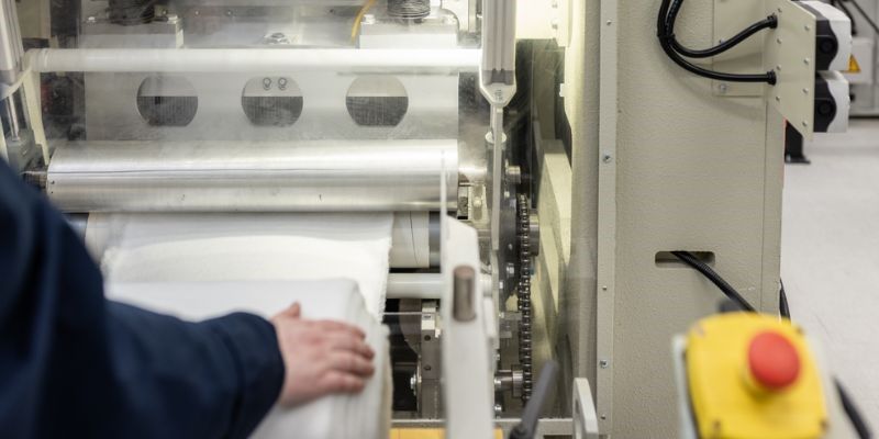 An operative's hands in a blue lab coat pulling fibre material through a non wovens machine.