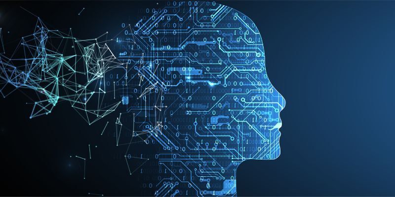 Illustration of machine learning and AI concept in form of a woman&#039;s face outline with circuit board and binary data flow on blue background.