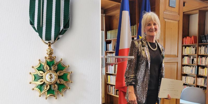 Left: The French Officer of the Order of Arts and Letters Medal, which is green and resembles a flower with gilded petals. Right: Professor Diana Holmes smiles with her certificate, with French and European Union flags behind her.