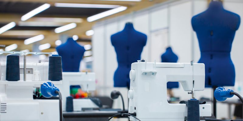 Rows of sewing machines and blue fashion mannequins.