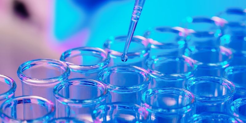 A pipette is used to drip liquid into test tubes