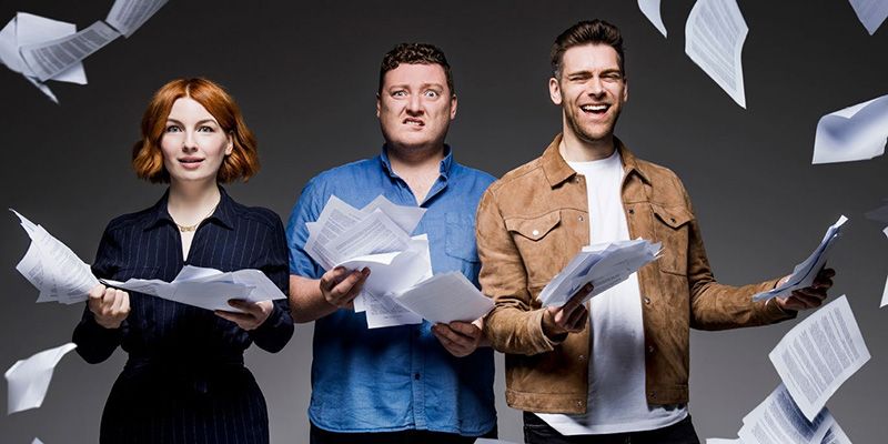 My Dad Wrote a Porno friends throwing papers from manuscript in the air.