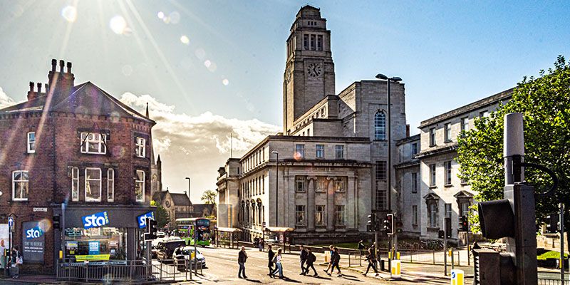 Photo of Leeds campus showing the Parkinson building.