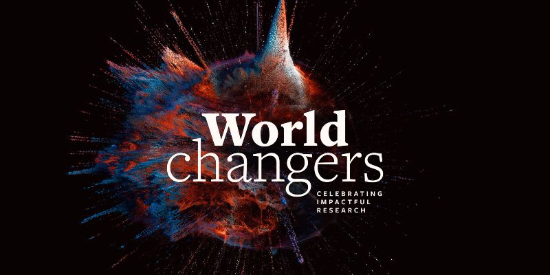 Text reading World Changers: Celebrating Impactful Research over an illustration of a red and blue dust cloud