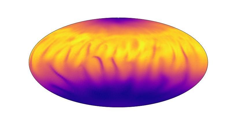 A map that shows that shows the hotter and cooler zones on the magnetar. The cooler zones are blue and the hotter zones are yellow