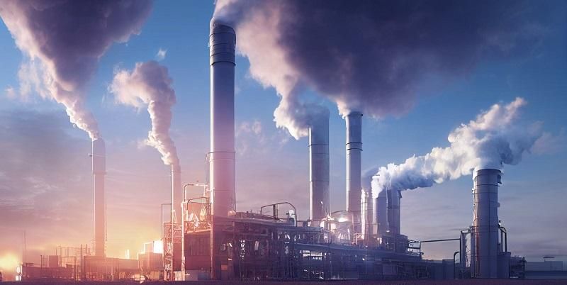 Chimney stacks with smoke billowing out and the sun setting behind them