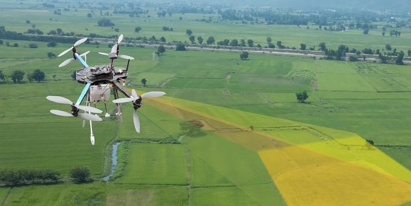 A drone flying over a field with a graphic to show an area that is being scanned by its camera.