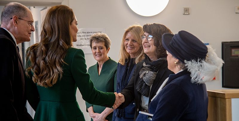 Princess of Wales greets High Sheriff of West Yorkshire, Susan Baker, Vice-Chancellor and President, Professor Simone Buitendijk, University Secretary, Jennifer Sewel and Head of School of English, Professor Vanessa Kind. 