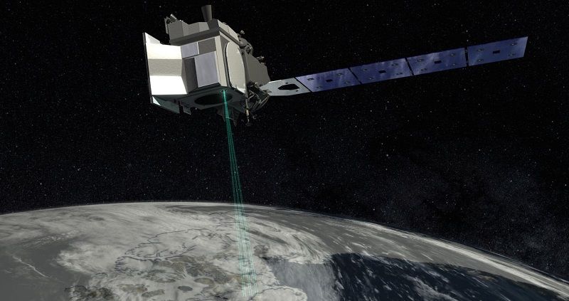 Digital rendering of the NASA's ICESat-2 satellite in space projecting beams of green light down to the earth below