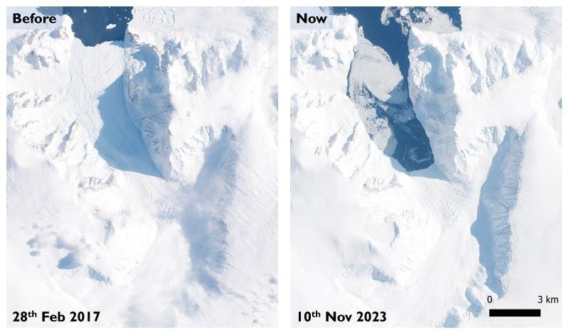 A picture from a satellite shows the end of a glacier as it enters the sea. The image on the left was taken in February 2017. There is an image taken from the same spot six years later. It shows the end of the glacier, with much of the ice shelf gone.