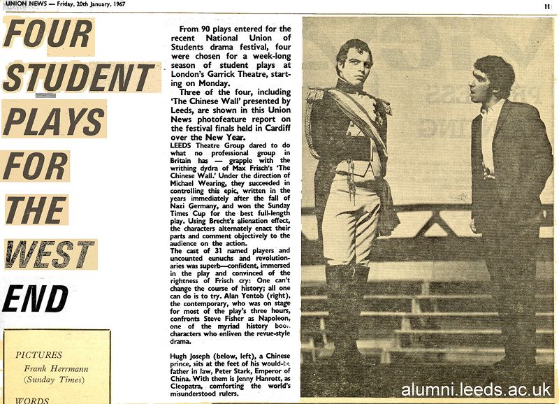 A newspaper article describing the success of a Leeds student play in the West End. Alongside the article depicts an image of two actors performing on stage