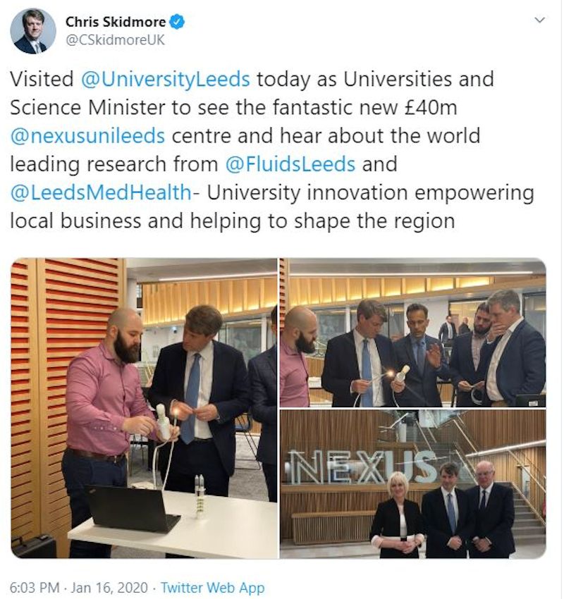 A tweet by Chris Skidmore following his visit to the University of Leeds