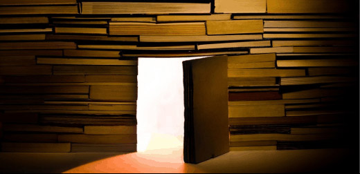 Open door surrounded by books