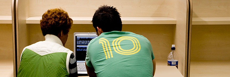 The backs of two students who are looking at a laptop