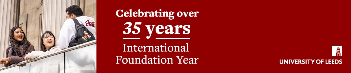 Three students chatting in front of the Parkinson Building. Text next to them says: 