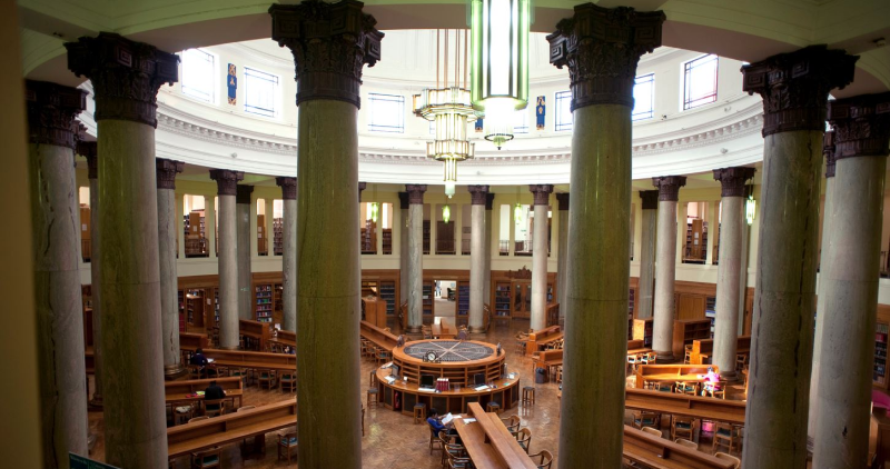 Landscape view of inside the Brotherton Library