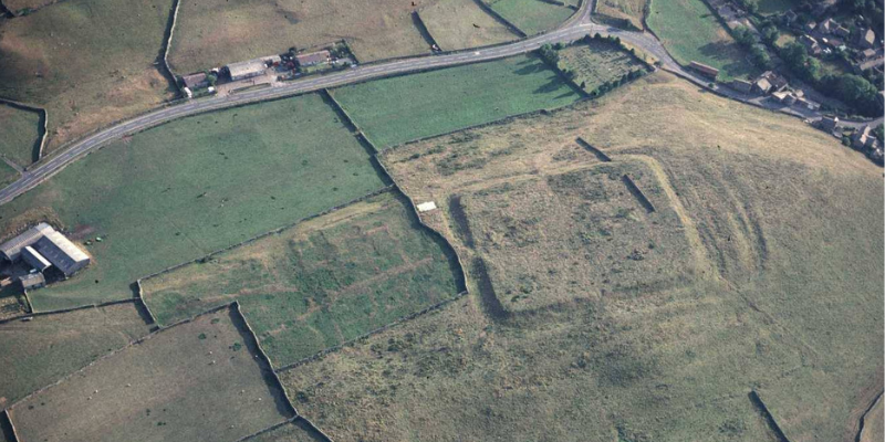 Aerial photograph of Brough Hill, showing the outline of the Roman fort